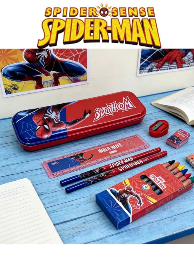 SPIDERMAN-Themed School Stationery Set for Kids - Gift-Ready Learning Box with Complete Back to School Supplies: Pencil Box, Erasers, Sharpener, Ruler & Crayons - Image 3